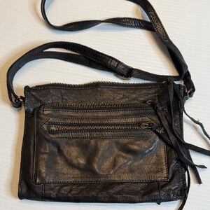Black Leather Crossbody Bag with Front Zippers